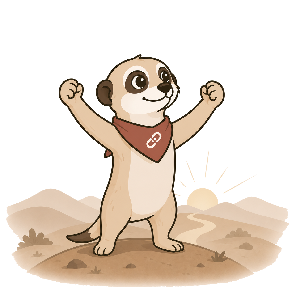 Marno mascot standing tall with arms raised in a confident launch pose