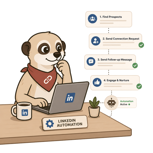 Marno mascot at a laptop with a LinkedIn multi-step outreach sequence diagram beside him